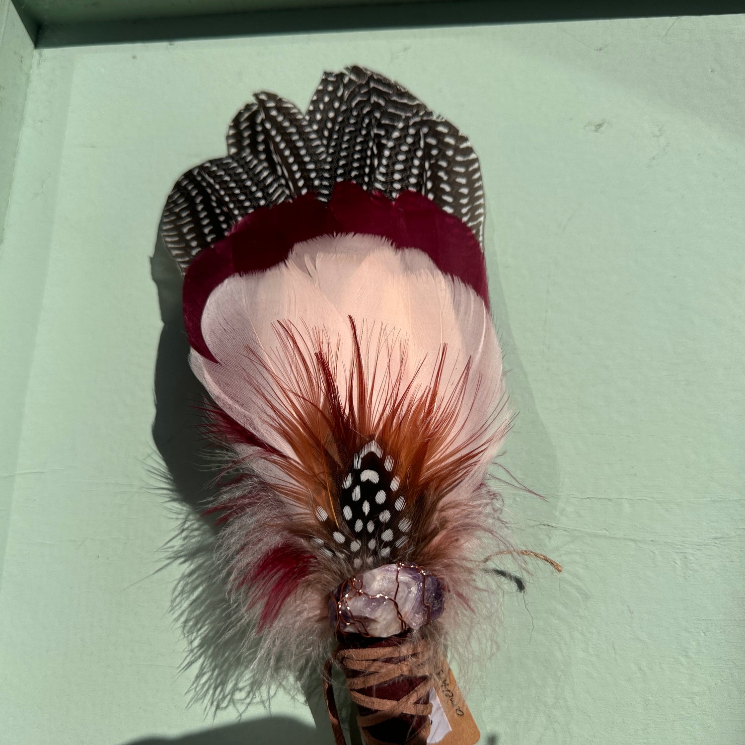 Smudge Feather fan with Leopard Jasper