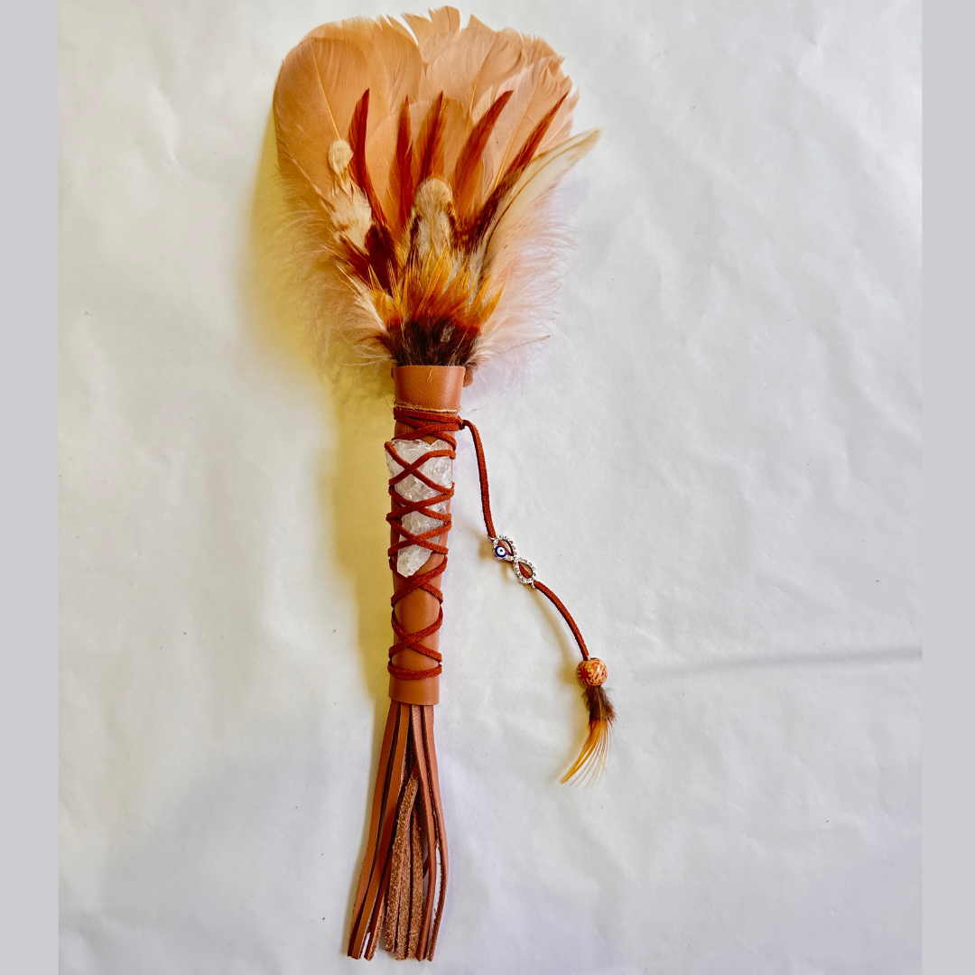 Smudge Feather fan with rock crystal